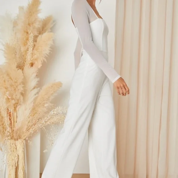 Lulus Lovingly Yours White Mesh Long Sleeve Jumpsuit - Size XL - Picture 1 of 3